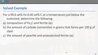41
41
Solved Example
For a 99.6 wt% Fe-0.40 wt% C at a temperature just below the
eutectoid, determine the following
a) composition of Fe3C and ferrite (a)
b) the amount of carbide (cementite) in grams that forms per 100 g of
steel
c) the amount of pearlite and proeutectoid ferrite (a)
 