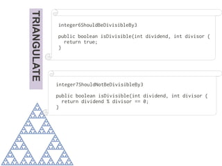 TRIANGULATE
integer7ShouldNotBeDivisibleBy3
public boolean isDivisible(int dividend, int divisor {
return dividend % divisor == 0;
}
integer6ShouldBeDivisibleBy3
public boolean isDivisible(int dividend, int divisor {
return true;
}
 