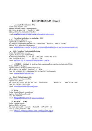 ENTIDADES CIVIS (2 vagas)
     •   Associação Terra Lumens (OK)
Titular: Maria Angélica Alves
Suplente: Maria de Fátima Lisboa Bernardes
Rua Ribeiro de Brito, 928 - Recife-PE CEP:
Telefone: 3301.5711/8856.5653/9973.4560
e-mail: angelica.tlumens@gmail.com; mfbernardes@yahoo.com.br

      Sociedade Auxiliadora da Agricultura (OK)
Titular: Inalda Maria Baptista
Suplente: Ricardo Ferreira Rodrigues
Av. Marechal Mascarenhas de Morais, 2028 - Imbiribeira - Recife-PE CEP: 51.150-003
Telefone: 3243.1634/9994.8181(Ricardo)
E-mail: inaldab@terra.com.br, ricardof_rodrigues@hotmail.com, soc.aux.agriculturape@gmail.com

  • SNE – Sociedade Nordestina de Ecologia
Titular: Maria de Fátima Moreira
Suplente: Marcelo Sérgio Martins Mesel
Av. Visconde de Suassuna, 923, sala 503     Boa Vista Recife – PE   CEP:
Fone: 3212.0590/ 91781717            Fax: 3222.1724
E-mail: sne@sne.org.br; mmesel@longoalcance.com.br;

      AMATUR – Sociedade de Apoio ao Meio Ambiente e Desenvolvimento Sustentável (OK)
Titular: Júlia Alves Rodrigues
Suplente: Emanuel Rodrigo de Albuquerque Silva
Rua da Matriz, 179 Centro Limoeiro – PE CEP:
Fone: (81) 3628.0450/ 9703.4848(Julia)/ 9911.8427 e 87079786 (Emanuel)
E-mail: amatur.flora@hotmail.com

  • Rotary Clube Caxangá (OK)
Titular: Aluízio José Maranhão Dias
Suplente: Hélio Araújo
Rua Aluízio de Azevedo, 200, sala 1101/1102   Santo Amaro           Recife – PE   CEP: 50.100 – 090
Fone: (81) 3267.6331/ 9612.6133
E-mail: aluisiomaranhaodias@hotmail.com

      UFPE
Titular: Ricardo Augusto Pessoa Braga
Suplente:. Paulo Tadeu de Gusmão
Fone: (81) 9607.1450
E-mail: rbraga@hotlink.com.br ; ptgusmao@ufpe.br

      CEDAN           (OK)
Titular: Edinaldo Arantes
Suplente: Kleber de Burgos
Rua Maria Amália, 195 – Macaxeira – Recife-PE - CEP: 52090 - 351
Fones: (81) 3267.6940/3088.7368
E-mail: edinaldo.arantes@hotmail.com; cedan@cedan.org.br
 
