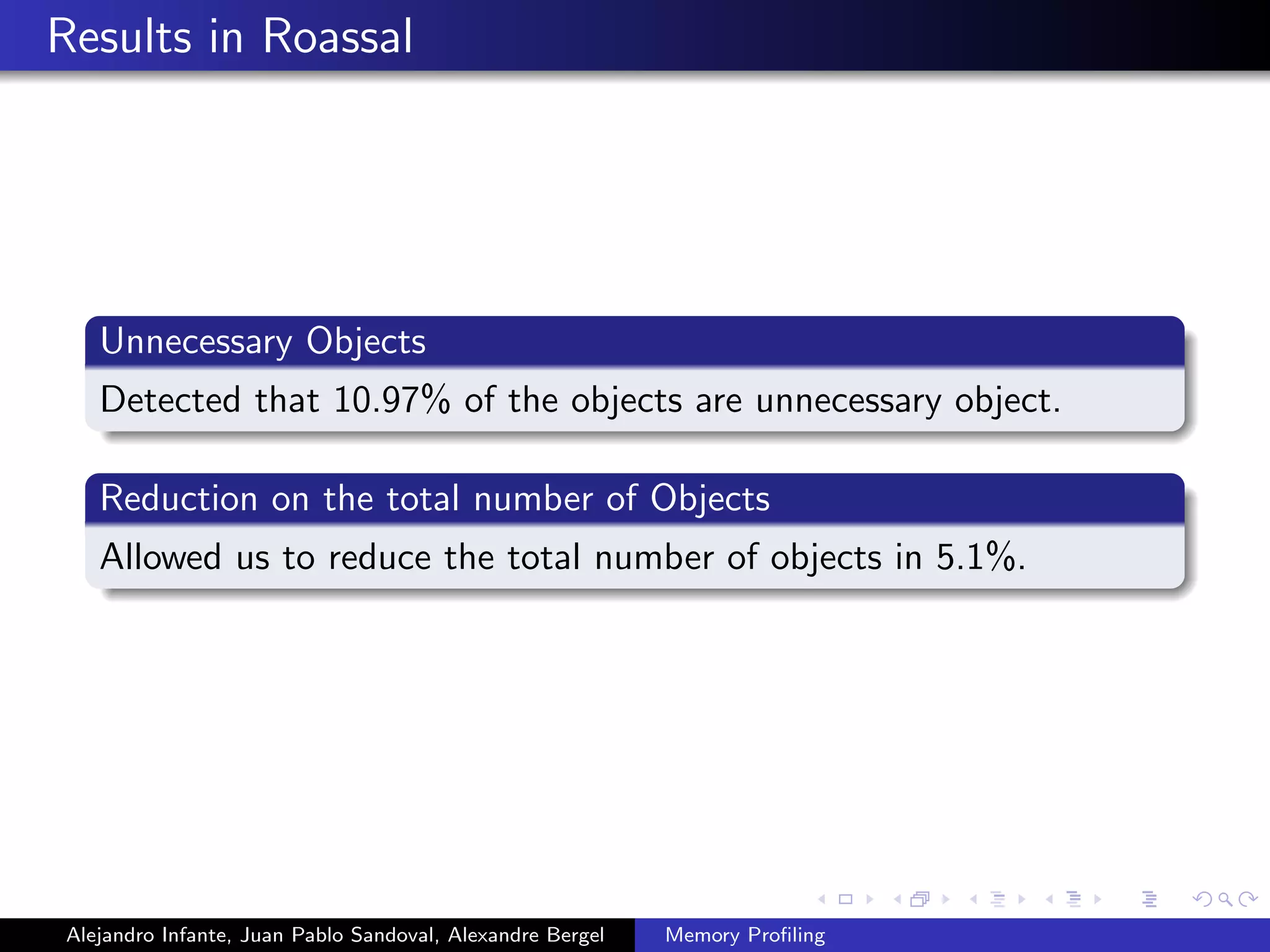 Results in Roassal
Unnecessary Objects
Detected that 10.97% of the objects are unnecessary object.
Reduction on the total number of Objects
Allowed us to reduce the total number of objects in 5.1%.
Alejandro Infante, Juan Pablo Sandoval, Alexandre Bergel Memory Proﬁling
 