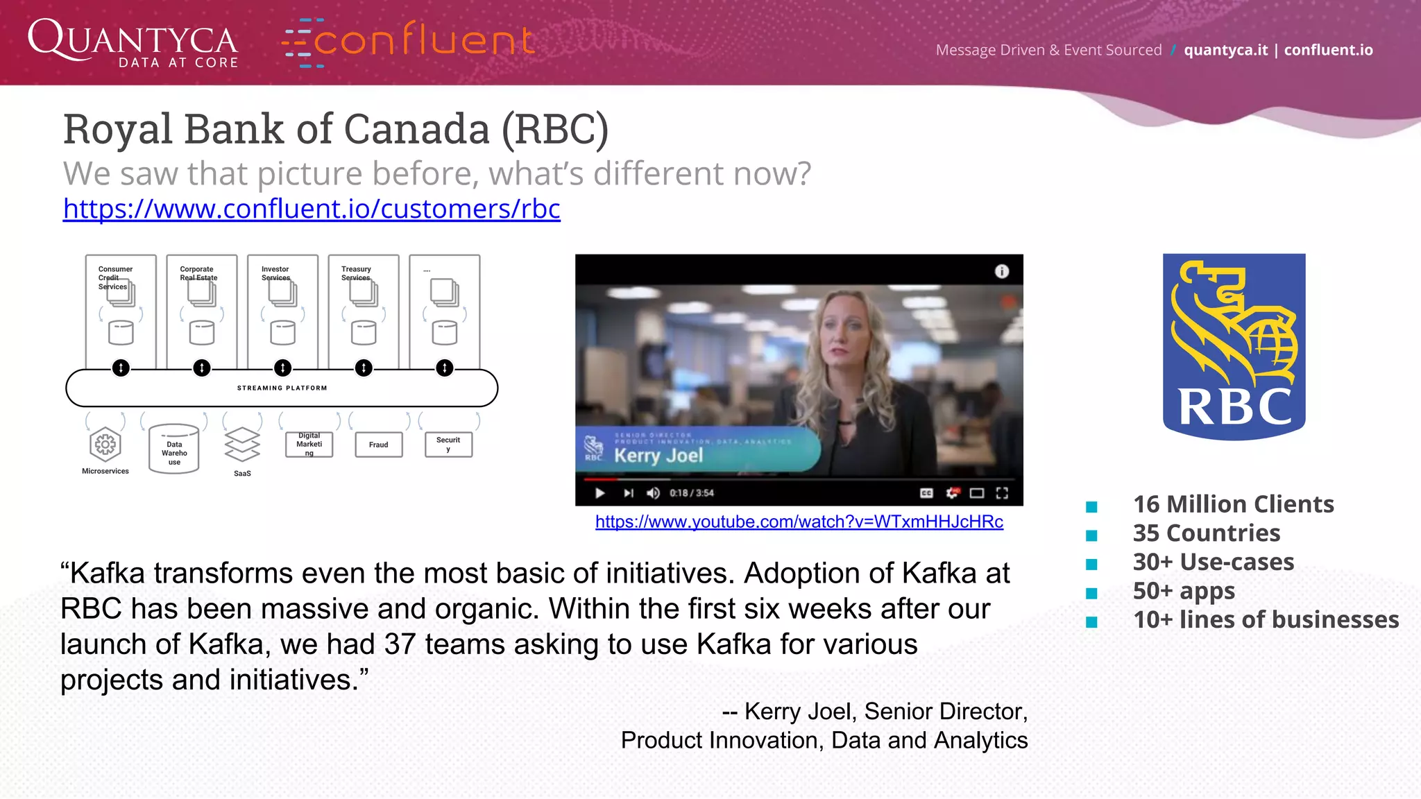 Message Driven & Event Sourced / quantyca.it | confluent.io Royal Bank of Canada (RBC) We saw that picture before, what’s different now? https://www.confluent.io/customers/rbc ■ 16 Million Clients ■ 35 Countries ■ 30+ Use-cases ■ 50+ apps ■ 10+ lines of businesses “Kafka transforms even the most basic of initiatives. Adoption of Kafka at RBC has been massive and organic. Within the first six weeks after our launch of Kafka, we had 37 teams asking to use Kafka for various projects and initiatives.” -- Kerry Joel, Senior Director, Product Innovation, Data and Analytics Digital Marketi ng Securit y Consumer Credit Services SaaS Corporate Real Estate Investor Services Treasury Services …. FraudData Wareho use Microservices https://www.youtube.com/watch?v=WTxmHHJcHRc 