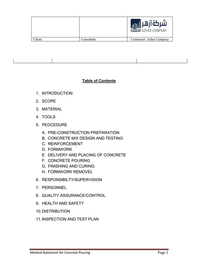 Method Statement For Concrete Pouring