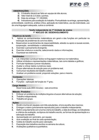 37
OBSERVAÇÕES:
1) O trabalho deverá ser feito em equipe de três alunos;
2) Valor total de 2,0 (dois ) pontos;
3) Data de entrega: 17 / 05/2000;
4) Indicadores para avaliação do trabalho: Pontualidade na entrega, apresentação,
profundidade, coerência, análise crítica, aplicação da matemática, uso da criatividade, uso
de uma linguagem adequada, outros a combinar.
Tarefa independente da 1ª Unidade de ensino
1º NÚCLEO DE DESENVOLVIMENTO
Objetivos da tarefa:
1. Aplicar os conhecimentos matemáticos em geral e das funções em particular na
resolução de problemas do convívio diário;
2. Desenvolver os sentimentos de responsabilidade, adesão ou apoio a causas sociais,
cooperação, sensibilidade e solidariedade;
3. Exercitar o pensamento divergente;
4. Exercitar a leitura e a escrita, selecionando dados e informações;
5. Expressar-se oralmente.
Habilidades:
1. Ler, interpretar e produzir textos na linguagem materna e na matemática;
2. Utilizar símbolos e representações matemáticas, tais como tabelas e gráficos;
3. Formular hipóteses e prever resultados;
4. Avaliar e criticar dados numéricos reais;
5. Propor alternativas de solução para um problema real;
6. Comunicar resultados de trabalho coletivo;
7. Analisar um problema social, propondo soluções para o mesmo.
Conteúdo:
1. Operações básicas;
2. Funções – aplicação de função do 1º grau.
Carga Horária:
Doze horas aula (600 minutos) – seis encontros
Método: Produtivo
1. Enfocar um problema de múltiplos ângulos e buscar alternativas de solução;
2. Trabalho independente;
3. Trabalho em grupo.
Ações:
1. Dividir a turma em equipes com três estudantes, à livre escolha dos mesmos;
2. Entregar o roteiro (previamente reproduzido) para o trabalho independente;
3. Definir conjuntamente com a turma o tema do trabalho, a data de entrega, os indicadores
e critérios de avaliação, os tópicos do trabalho escrito, as formas de apresentação e a
valoração do trabalho.
4. Apresentação em seminário, por equipe;
5. Auto avaliação ao final de cada apresentação;
6. Coleta do trabalho escrito para valoração;
7. Exposição dos trabalhos escritos na semana da cultura;
8. Avaliações qualitativa e quantitativa.
 