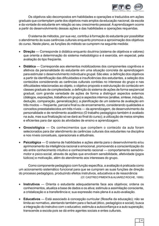 49
Os objetivos são decompostos em habilidades e operações e traduzidos em ações
graduais que contemplam parte dos objetivos mais amplos da educação nacional, da escola
e da vontade do estudante em relação ao seu crescimento pessoal.Aaprendizagem ocorre
a partir do desenvolvimento dessas ações e das habilidades e operações requeridas.
O sistema de métodos, por sua vez, contribui à formação do estudante por possibilitar
o atendimento às suas carências culturais enquanto promove a aproximação dos objetivos
do curso. Neste plano, as funções do método se cumprem na seguinte medida:
• Direção — Corresponde à didática enquanto doutrina (sistema de objetivos e valores)
que orienta a determinação do sistema metodológico e é exercida, em especial, pela
avaliação do tipo freqüente.
• Didática — Corresponde aos elementos mobilizadores dos componentes cognitivos e
afetivos da personalidade do estudante em uma situação concreta de aprendizagem
para estimular o desenvolvimento individual e grupal. São eles: a definição dos objetivos
a partir da identificação das dificuldades e insuficiências dos estudantes, a seleção dos
conteúdos considerando as carências culturais contidas no interesse do grupo e nas
dificuldades relacionadas ao objeto, o objetivo proposto e estruturação do conteúdo em
classes graduais de complexidade; a definição do sistema de ações de forma seqüencial
gradual, com grande variedade de ações de forma a distinguir aspectos externos
(diálogos, exposições, trabalhos em grupo) e aspectos internos (análise, síntese, indução,
dedução, comparação, generalização); a planificação de um sistema de avaliação em
três modos — freqüente, parcial e final ou de encerramento, considerando qualidades e
conceitos preestabelecidos em três níveis — da aprendizagem, de desenvolvimento da
personalidade e de rendimento acadêmico (O trabalho pedagógico também é avaliado
na aula, mas sua finalização só se dará ao final do curso); a utilização de meios simples
e eficientes para dar apoio às atividades de ensino e aprendizagem.
• Gnosiológica — Os conhecimentos que compõem o conteúdo da aula foram
selecionados para dar atendimento às carências culturais dos estudantes na disciplina
e nos níveis conceituais, operacionais e atitudinais.
• Psicológica — O sistema de habilidades e ações atenta para o desenvolvimento e/ou
aprimoramento da inteligência racional e emocional, promovendo a conscientização do
elo entre conhecimento intuitivo e conhecimento racional — comportamento sensório-
motor e psico-social, através de ações que envolvem sensibilidade, afetividade (jogos
lúdicos) e motivação, além do atendimento aos interesses do grupo.
Como componente pedagógico com função específica, a avaliação é praticada como
um acionamento sistemático funcional para que se cumpram as suas funções de direção
do processo pedagógico, produzindo efeitos instrutivos, educativos e de ressonância
(Cf. CASTREO PIMENTA& ALVAREZ ROCHE, 1999):
• Instrutivos — Orienta o estudante adequadamente face aos objetivos; ordena os
conhecimentos, atualiza a base de dados e os ativa; estimula a assimilação consciente,
a cristalização e a transferência e; sua expressão mais plena é a auto-avaliação.
• Educativos — Está associado à concepção curricular (filosofia da educação); não se
limita ao normativo, atentando também para o factual (ético, pedagógico e social); busca
a integração do instrutivo com o educativo; estimula a autoconfiança e a auto superação;
transcende a escola pois se dá entre agentes sociais e entes culturais.
 