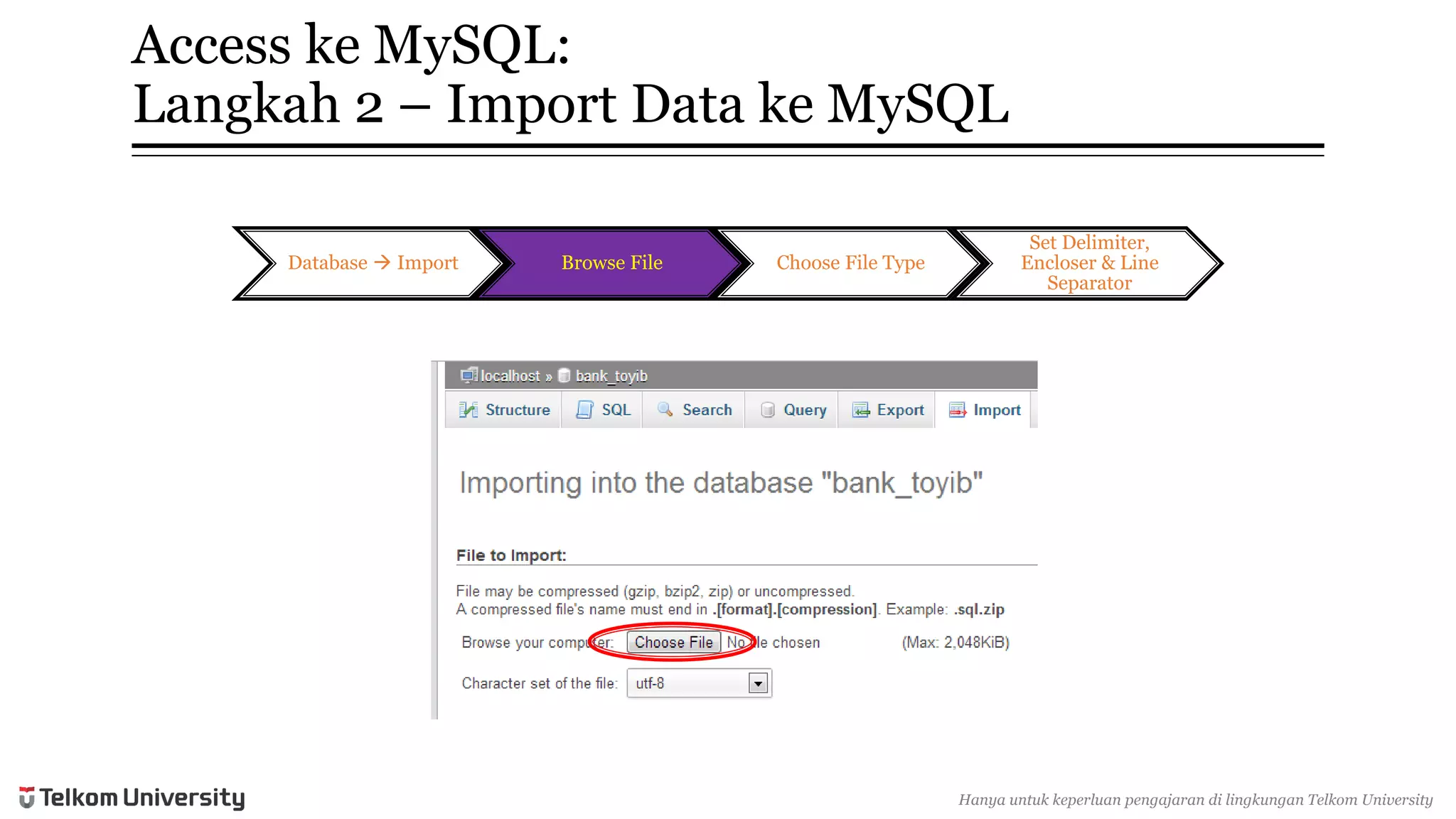 Access keMySQL: Langkah2 –Import Data keMySQL 
Database Import 
Browse File 
Choose File Type 
Set Delimiter, Encloser & Line Separator 
Hanyauntukkeperluan pengajarandi lingkunganTelkomUniversity  