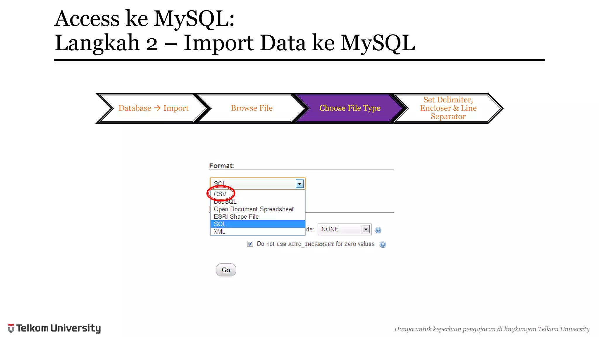 Access keMySQL: Langkah2 –Import Data keMySQL 
Database Import 
Browse File 
Choose File Type 
Set Delimiter, Encloser & Line Separator 
Hanyauntukkeperluan pengajarandi lingkunganTelkomUniversity  