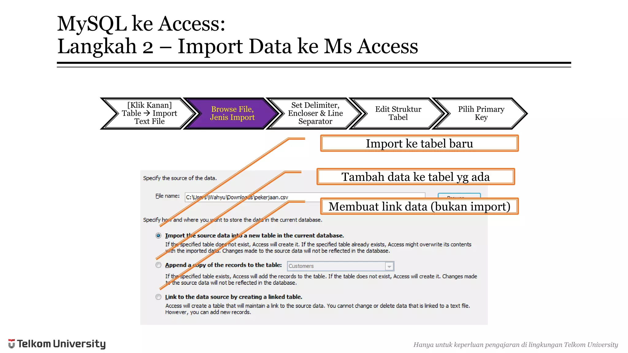 MySQL keAccess: Langkah2 –Import Data keMsAccess 
Import ketabelbaru 
Tambahdata ketabelygada 
Membuatlink data (bukanimport) 
[KlikKanan] Table Import Text File 
Browse File, JenisImport 
Set Delimiter, Encloser& Line Separator 
Edit StrukturTabel 
PilihPrimary Key 
Hanyauntukkeperluan pengajarandi lingkunganTelkomUniversity  