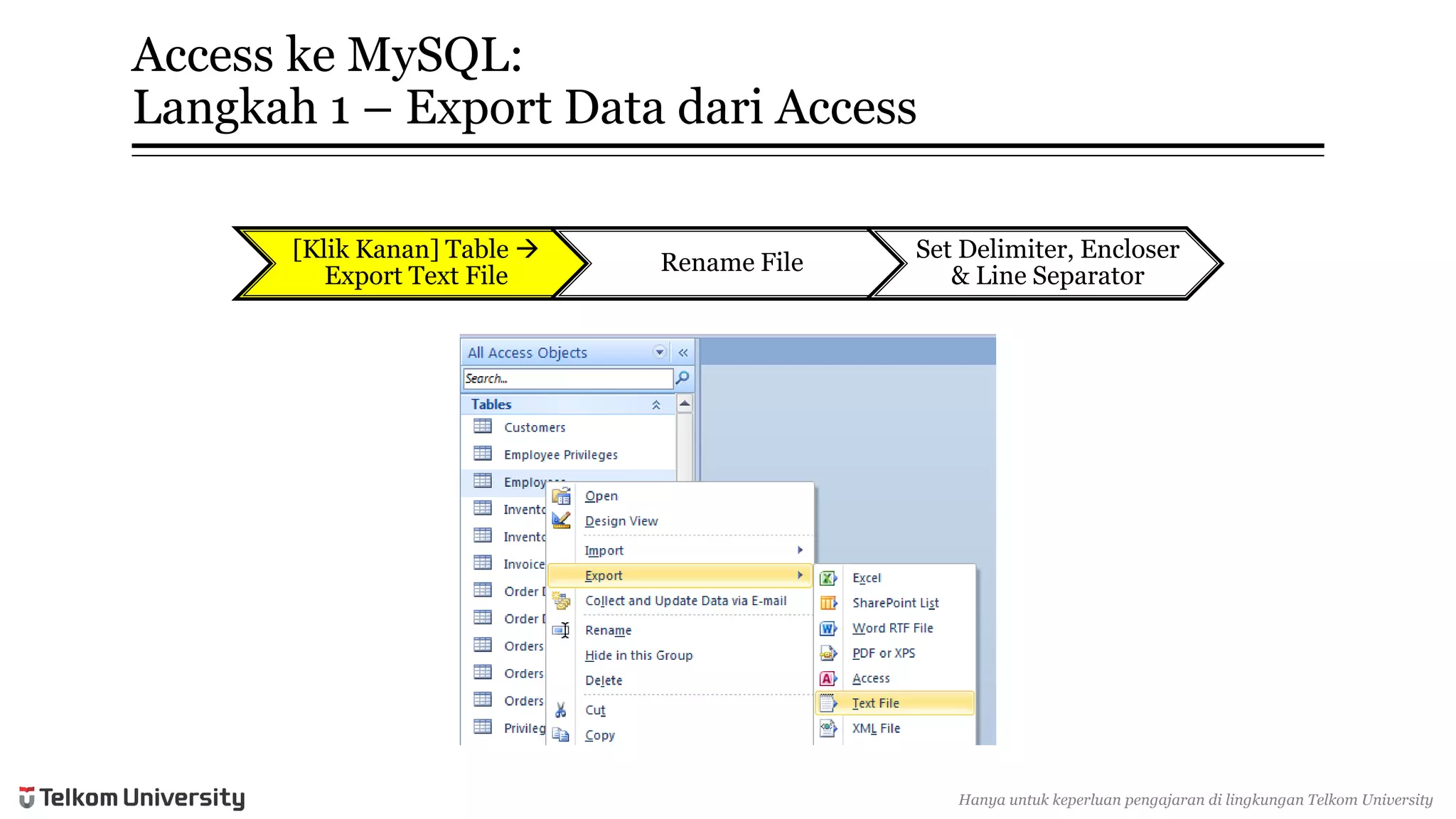 Access keMySQL: Langkah1 –Export Data dariAccess 
[KlikKanan] Table  Export Text File 
Rename File 
Set Delimiter, Encloser& Line Separator 
Hanyauntukkeperluan pengajarandi lingkunganTelkomUniversity  