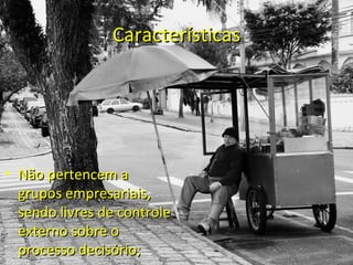 Características




• Não pertencem a
  grupos empresariais,
  sendo livres de controle
  externo sobre o
  processo decisório;
 