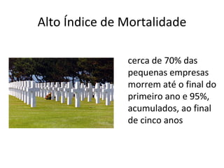 Alto Índice de Mortalidade

               cerca de 70% das
               pequenas empresas
               morrem até o final do
               primeiro ano e 95%,
               acumulados, ao final
               de cinco anos
 
