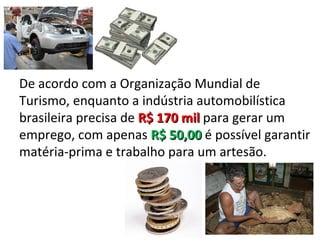 De acordo com a Organização Mundial de
Turismo, enquanto a indústria automobilística
brasileira precisa de R$ 170 mil para gerar um
emprego, com apenas R$ 50,00 é possível garantir
matéria-prima e trabalho para um artesão.
 