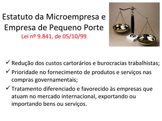 Estatuto da Microempresa e
Empresa de Pequeno Porte
      Lei nº 9.841, de 05/10/99



 Redução dos custos cartorários e burocracias trabalhistas;
 Prioridade no fornecimento de produtos e serviços nas
  compras governamentais;
 Tratamento diferenciado e favorecido às empresas que
  atuam no mercado internacional, exportando ou
  importando bens ou serviços.
 