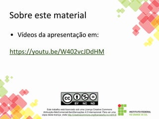 Este trabalho está licenciado sob uma Licença Creative Commons
Atribuição-NãoComercial-SemDerivações 4.0 Internacional. Para ver uma
cópia desta licença, visite http://creativecommons.org/licenses/by-nc-nd/4.0/.
 
