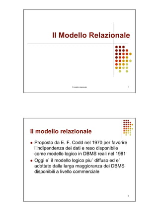 Il Modello Relazionale




                  Il modello relazionale        1




Il modello relazionale
 Proposto da E. F. Codd nel 1970 per favorire
 l’indipendenza dei dati e reso disponibile
 come modello logico in DBMS reali nel 1981
 Oggi e` il modello logico piu` diffuso ed e`
 adottato dalla larga maggioranza dei DBMS
 disponibili a livello commerciale




                                                2