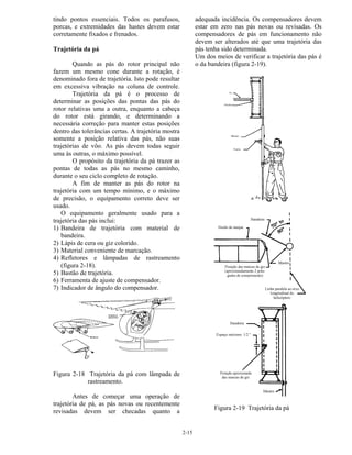 2-15
tindo pontos essenciais. Todos os parafusos,
porcas, e extremidades das hastes devem estar
corretamente fixados e frenados.
Trajetória da pá
Quando as pás do rotor principal não
fazem um mesmo cone durante a rotação, é
denominado fora de trajetória. Isto pode resultar
em excessiva vibração na coluna de controle.
Trajetória da pá é o processo de
determinar as posições das pontas das pás do
rotor relativas uma a outra, enquanto a cabeça
do rotor está girando, e determinando a
necessária correção para manter estas posições
dentro das tolerâncias certas. A trajetória mostra
somente a posição relativa das pás, não suas
trajetórias de vôo. As pás devem todas seguir
uma às outras, o máximo possível.
O propósito da trajetória da pá trazer as
pontas de todas as pás no mesmo caminho,
durante o seu ciclo completo de rotação.
A fim de manter as pás do rotor na
trajetória com um tempo mínimo, e o máximo
de precisão, o equipamento correto deve ser
usado.
O equipamento geralmente usado para a
trajetória das pás inclui:
1) Bandeira de trajetória com material de
bandeira.
2) Lápis de cera ou giz colorido.
3) Material conveniente de marcação.
4) Refletores e lâmpadas de rastreamento
(figura 2-18).
5) Bastão de trajetória.
6) Ferramenta de ajuste de compensador.
7) Indicador de ângulo do compensador.
Figura 2-18 Trajetória da pá com lâmpada de
rastreamento.
Antes de começar uma operação de
trajetória de pá, as pás novas ou recentemente
revisadas devem ser checadas quanto a
adequada incidência. Os compensadores devem
estar em zero nas pás novas ou revisadas. Os
compensadores de pás em funcionamento não
devem ser alterados até que uma trajetória das
pás tenha sido determinada.
Um dos meios de verificar a trajetória das pás é
o da bandeira (figura 2-19).
Figura 2-19 Trajetória da pá
 