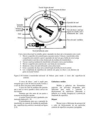 2-9
Com a trava disco/anel no entalhe, girar o ajustador do disco até o travamento com o anel;
1 Mover a superfície de controle para a posição neutra. Colocar o transferidor sobre
a superfície de controle e girar o ajustador do anel até que a bolha do nível esteja
centralizada (o anel deve estar destravado da moldura do transferidor);
2 Travar o anel na moldura do transferidor utilizando a trava anel/moldura;
3 Mover a superfície de controle até o seu limite de movimento;
4 Destravar o disco do anel utilizando a trava disco/anel;
5 Girar o ajustador de disco até a centralização da bolha do nível central;
6 Ler a amplitude da superfície de controle em graus no disco e em décimos de
graus na escala Vernier.
Figura 2-10 Usando o transferidor universal de hélices para medir o curso das superfícies de
controle
A trava do disco / anel é usada para
assegurar que o zero do anel na escala Vernier e
o zero do disco em graus estão alinhados.
A trava do anel na moldura não permite
que o anel se mova quando o disco estiver em
movimento.
Notamos que eles saem de um ponto e
avançam em direções opostas.
A escala Vernier do anel é graduada com
marcação dupla de 0 - 10.
O procedimento para uso e operação do
transferidor no controle de medida da amplitude
das superfícies de controle é mostrado na figura
2-10.
Gabaritos e moldes
Moldes e gabaritos são ferramentas
especiais (de precisão) designadas pelo
fabricante para medir e controlar o
deslocamento de superfícies. Marcando o
gabarito ou o molde, assegura-se o controle da
amplitude da superfície.
Réguas
Muitas vezes o fabricante da aeronave dá
o valor do deslocamento de um particular
controle de superfície em graus e polegadas.
 