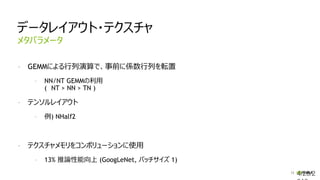 13
推論ソフトウエアの最適化
グラフ最適化 : 縦方向に処理を融合
concat
max pool
input
next input
concat
1x1 CBR 3x3 CBR 5x5 CBR 1x1 CBR
1x1 CBR 1x1 CBR
 