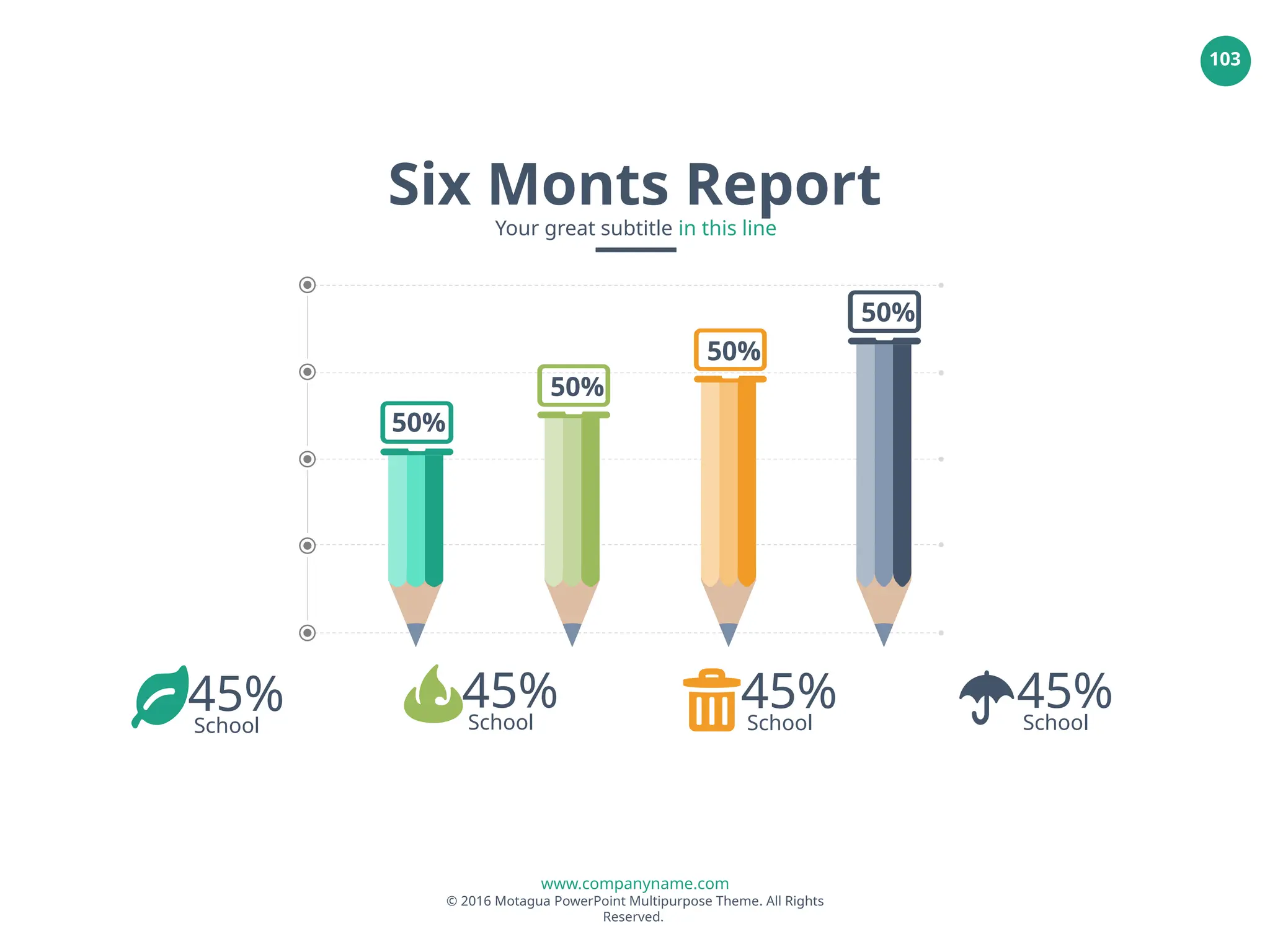 www.companyname.com
© 2016 Motagua PowerPoint Multipurpose Theme. All Rights
Reserved.
103
50%
50%
50%
50%
45%
School
45%
School
45%
School
45%
School
Six Monts Report
Your great subtitle in this line
 