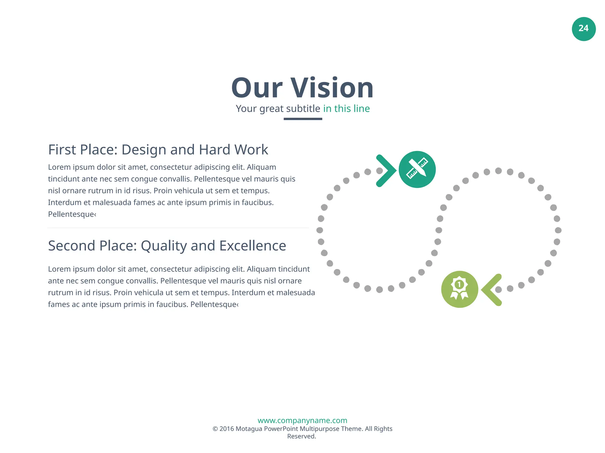 www.companyname.com
© 2016 Motagua PowerPoint Multipurpose Theme. All Rights
Reserved.
24
First Place: Design and Hard Work
Lorem ipsum dolor sit amet, consectetur adipiscing elit. Aliquam
tincidunt ante nec sem congue convallis. Pellentesque vel mauris quis
nisl ornare rutrum in id risus. Proin vehicula ut sem et tempus.
Interdum et malesuada fames ac ante ipsum primis in faucibus.
Pellentesque‹
Second Place: Quality and Excellence
Lorem ipsum dolor sit amet, consectetur adipiscing elit. Aliquam tincidunt
ante nec sem congue convallis. Pellentesque vel mauris quis nisl ornare
rutrum in id risus. Proin vehicula ut sem et tempus. Interdum et malesuada
fames ac ante ipsum primis in faucibus. Pellentesque‹
Our Vision
Your great subtitle in this line
 