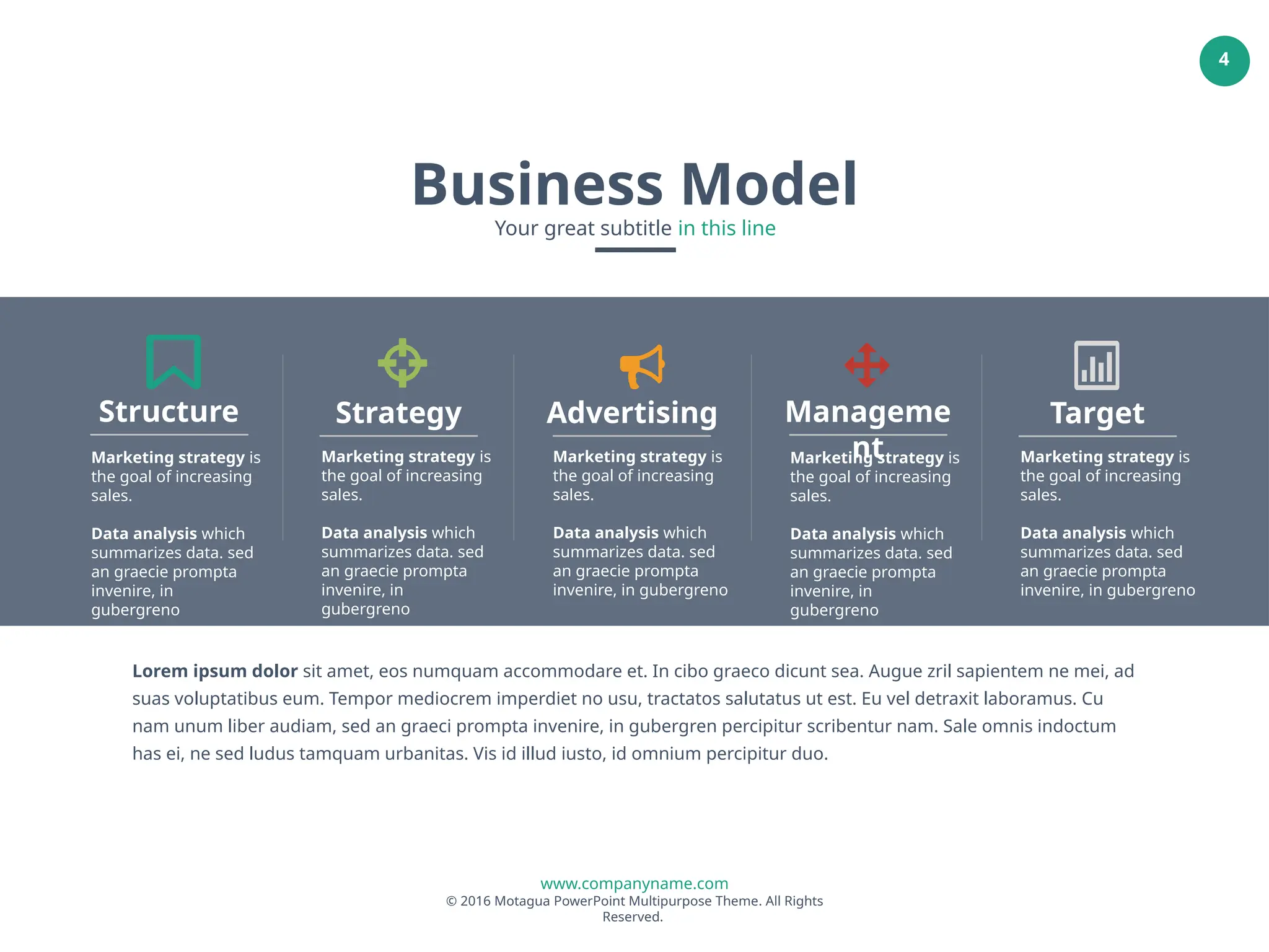 www.companyname.com
© 2016 Motagua PowerPoint Multipurpose Theme. All Rights
Reserved.
4
Business Model
Your great subtitle in this line
Marketing strategy is
the goal of increasing
sales.
Data analysis which
summarizes data. sed
an graecie prompta
invenire, in gubergreno
Target
Marketing strategy is
the goal of increasing
sales.
Data analysis which
summarizes data. sed
an graecie prompta
invenire, in
gubergreno
Structure
Marketing strategy is
the goal of increasing
sales.
Data analysis which
summarizes data. sed
an graecie prompta
invenire, in gubergreno
Advertising
Marketing strategy is
the goal of increasing
sales.
Data analysis which
summarizes data. sed
an graecie prompta
invenire, in
gubergreno
Manageme
nt
Marketing strategy is
the goal of increasing
sales.
Data analysis which
summarizes data. sed
an graecie prompta
invenire, in
gubergreno
Strategy
Lorem ipsum dolor sit amet, eos numquam accommodare et. In cibo graeco dicunt sea. Augue zril sapientem ne mei, ad
suas voluptatibus eum. Tempor mediocrem imperdiet no usu, tractatos salutatus ut est. Eu vel detraxit laboramus. Cu
nam unum liber audiam, sed an graeci prompta invenire, in gubergren percipitur scribentur nam. Sale omnis indoctum
has ei, ne sed ludus tamquam urbanitas. Vis id illud iusto, id omnium percipitur duo.
 