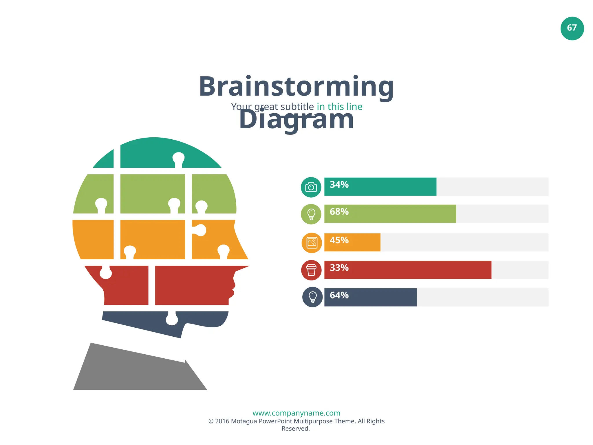 www.companyname.com
© 2016 Motagua PowerPoint Multipurpose Theme. All Rights
Reserved.
67
45%
33%
68%
34%
64%
Brainstorming
Diagram
Your great subtitle in this line
 