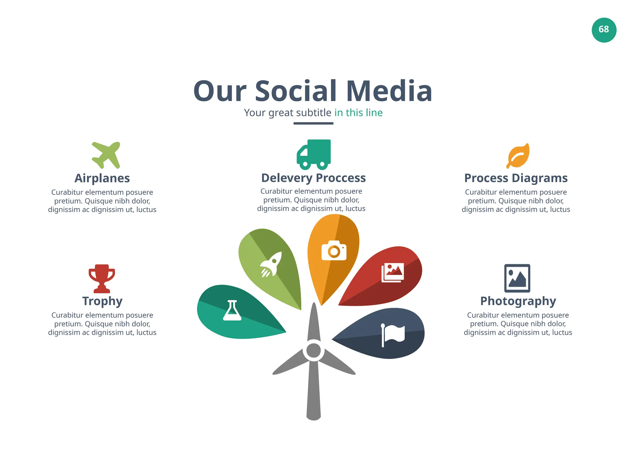 68
Photography
Curabitur elementum posuere
pretium. Quisque nibh dolor,
dignissim ac dignissim ut, luctus
Trophy
Curabitur elementum posuere
pretium. Quisque nibh dolor,
dignissim ac dignissim ut, luctus
Delevery Proccess
Airplanes
Curabitur elementum posuere
pretium. Quisque nibh dolor,
dignissim ac dignissim ut, luctus
Process Diagrams
Curabitur elementum posuere
pretium. Quisque nibh dolor,
dignissim ac dignissim ut, luctus
Curabitur elementum posuere
pretium. Quisque nibh dolor,
dignissim ac dignissim ut, luctus
Our Social Media
Your great subtitle in this line
 