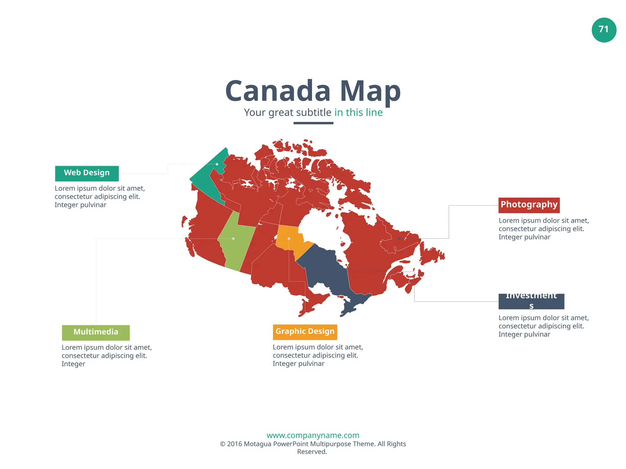 www.companyname.com
© 2016 Motagua PowerPoint Multipurpose Theme. All Rights
Reserved.
71
Web Design
Lorem ipsum dolor sit amet,
consectetur adipiscing elit.
Integer pulvinar
Multimedia
Lorem ipsum dolor sit amet,
consectetur adipiscing elit.
Integer
Investment
s
Lorem ipsum dolor sit amet,
consectetur adipiscing elit.
Integer pulvinar
Photography
Lorem ipsum dolor sit amet,
consectetur adipiscing elit.
Integer pulvinar
Graphic Design
Lorem ipsum dolor sit amet,
consectetur adipiscing elit.
Integer pulvinar
Canada Map
Your great subtitle in this line
 
