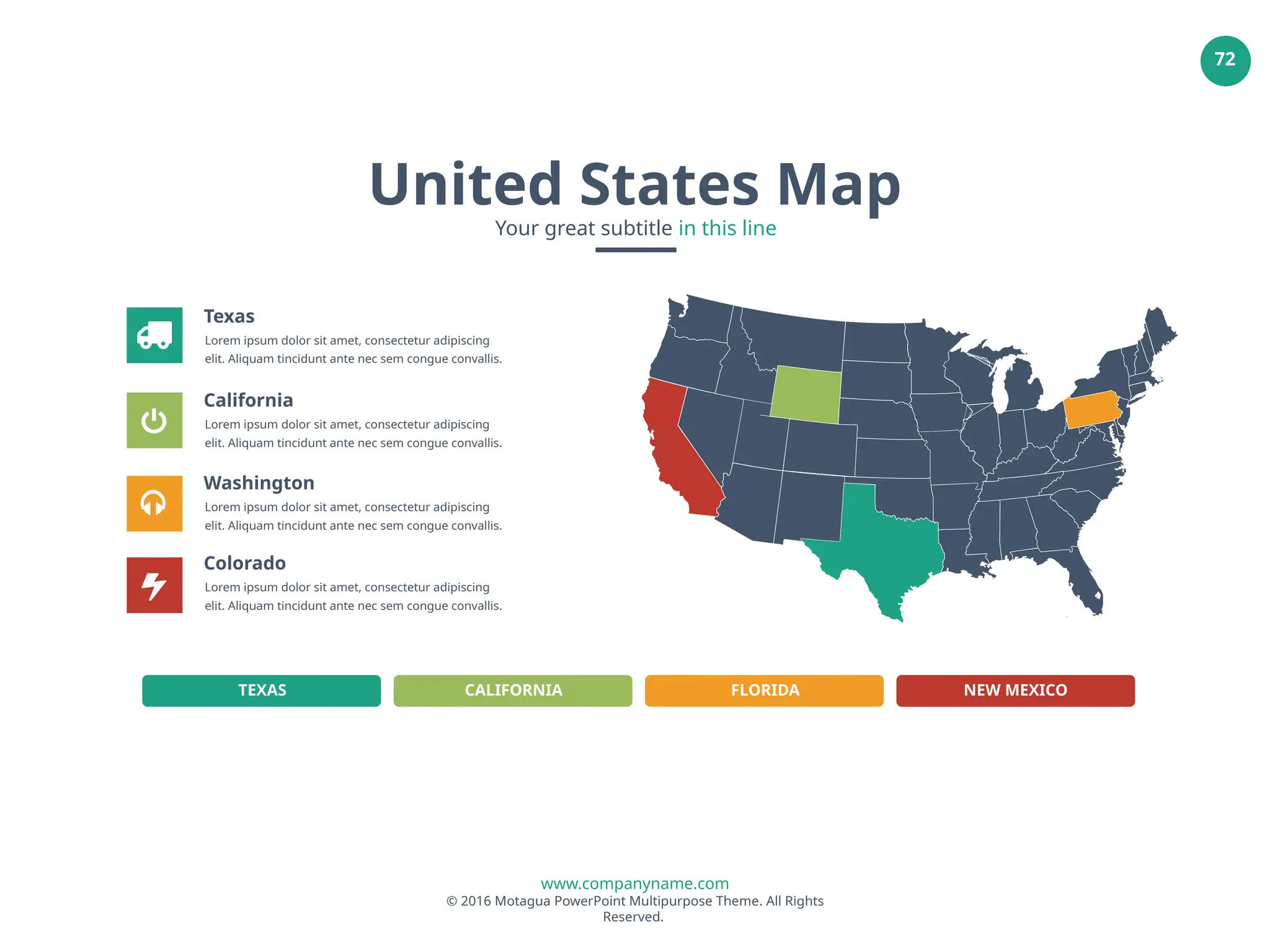 www.companyname.com
© 2016 Motagua PowerPoint Multipurpose Theme. All Rights
Reserved.
72
Texas
Lorem ipsum dolor sit amet, consectetur adipiscing
elit. Aliquam tincidunt ante nec sem congue convallis.
Colorado
Lorem ipsum dolor sit amet, consectetur adipiscing
elit. Aliquam tincidunt ante nec sem congue convallis.
California
Lorem ipsum dolor sit amet, consectetur adipiscing
elit. Aliquam tincidunt ante nec sem congue convallis.
Washington
Lorem ipsum dolor sit amet, consectetur adipiscing
elit. Aliquam tincidunt ante nec sem congue convallis.
TEXAS CALIFORNIA FLORIDA NEW MEXICO
United States Map
Your great subtitle in this line
 