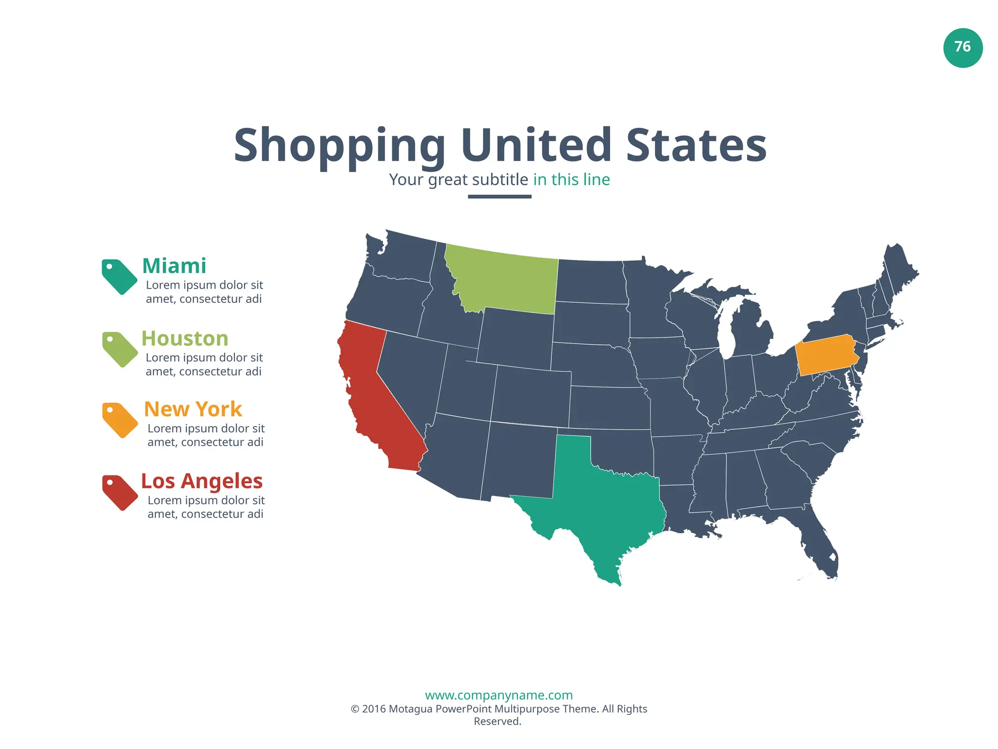 www.companyname.com
© 2016 Motagua PowerPoint Multipurpose Theme. All Rights
Reserved.
76
Miami
Lorem ipsum dolor sit
amet, consectetur adi
Houston
Lorem ipsum dolor sit
amet, consectetur adi
New York
Lorem ipsum dolor sit
amet, consectetur adi
Los Angeles
Lorem ipsum dolor sit
amet, consectetur adi
Shopping United States
Your great subtitle in this line
 