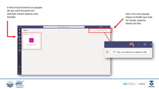 A tela inicial mostrará as equipes
de que você faz parte (no
exemplo mostra apenas uma
equipe).
Para criar uma equipe,
clique no botão que está
no campo superior
direito da tela.
 