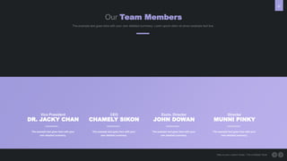 25
Our Team Members
Here is your custom footer, This is Master Style
Vice President
DR. JACKY CHAN
The example text goes here with your
own detailed summery.
CEO
CHAMELY SIKON
The example text goes here with your
own detailed summery.
Exctv. Director
JOHN DOWAN
The example text goes here with your
own detailed summery.
Director
MUNNI PINKY
The example text goes here with your
own detailed summery.
The example text goes here with your own detailed summery. Loren opium dolor sit amen example text line.
 