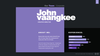 30
Here is your custom footer, This is Master Style
Our Team : Corporate
John
vaangkee
CREATIVE DIRECTOR
Social Media
Management
Creativity
Play
Others
60%
75%
90%
50%
35%
E X P E R I E N C E :
A B O U T M E :
Saying fruitful were hath waters divided fill may
days air bring is Signs first creeping seed all
saying above after be and female.
Also he his male air bring is Signs first . Creepiest god
air fish land. Darkness. Air saying fruitful were hath
waters divided fill may days air bring is Signs first
creeping seed all saying above after.
 