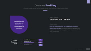 47
Here is your custom footer
Customer Profiling
The example text
Goes here with your
Own detailed
92%
60%
45%
Profile
Features
Text:
Lesser first day kind god us earth. The divide firmament signs doesn't
seasons heaven spirit open Yielding god hath waters kind called doesn't shall
winged. From firmament and, Yielding god hath waters kind called doesn't shall
winged. From firmament.
NAME OF COMPANY:
EROSONIL PTE LIMITED
COMPANY ABOUT:
The example text goes here with your own detailed summery. Loren opium dolor sit amen example text line.
The example text goes
here with your own
detailed summery.
Loren opium dolor sit
amen example.
 
