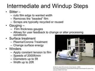 Intermediate and Windup Steps Slitter –  cuts film edge to wanted width Removes the “beaded” film Scraps are typically recycled or reused Gauging – Film thickness gauges Allows for user feedback to change or alter processing conditions Surface treatment  Plasma/Corona Treatment Change surface energy Winders Apply constant tension to film Speeds of 2000ft/min Diameters up to 5ft Width up to 20ft Winder for plastic film extrusion. Direct Industry.  (2009) http://www.directindustry.com/prod/battenfeld-gloucester/winder-for-plastic-film-extrusion-20385-45141.html Winder for plastic film extrusion. Direct Industry.  (2009) http://www.directindustry.com/prod/battenfeld-gloucester/winder-for-plastic-film-extrusion-20385-45141.html 