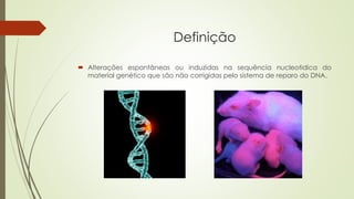 Definição
 Alterações espontâneas ou induzidas na sequência nucleotidica do
material genético que são não corrigidas pelo sistema de reparo do DNA.
 