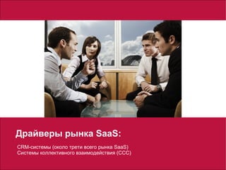 Драйверы рынка SaaS:
CRM-системы (около трети всего рынка SaaS)
Системы коллективного взаимодействия (CCC)
 
