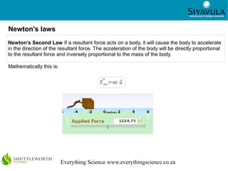 10



Newton's laws
Newton’s Second Law If a resultant force acts on a body, it will cause the body to accelerate
in the direction of the resultant force. The acceleration of the body will be directly proportional
to the resultant force and inversely proportional to the mass of the body.

Mathematically this is:


                                          F =m⋅
                                           net  a




                          Everything Science www.everythingscience.co.za
 