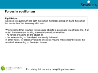 13



Forces in equilibrium

Equilibrium
An object in equilibrium has both the sum of the forces acting on it and the sum of
the moments of the forces equal to zero.

We mentioned that resultant forces cause objects to accelerate in a straight line. If an
object is stationary or moving at constant velocity then either,
● no forces are acting on the object, or

● the forces acting on that object are exactly balanced.

In other words, for stationary objects or objects moving with constant velocity, the
resultant force acting on the object is zero.




                     Everything Science www.everythingscience.co.za
 