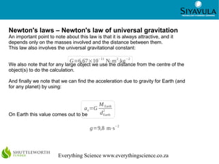 15




Newton's laws – Newton's law of universal gravitation
An important point to note about this law is that it is always attractive, and it
depends only on the masses involved and the distance between them.
This law also involves the universal gravitational constant:

                              G=6,67×10−11 N⋅m 2⋅kg−2
We also note that for any large object we use the distance from the centre of the
object(s) to do the calculation.

And finally we note that we can find the acceleration due to gravity for Earth (and
for any planet) by using:


                                             M Earth
                                     ao =G     2
On Earth this value comes out to be          d Earth

                                        g=9,8 m⋅s−2



                        Everything Science www.everythingscience.co.za
 