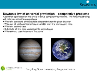17




Newton's law of universal gravitation – comparative problems
A common application of this law is to solve comparative problems. The following strategy
will help you solve these equations:
● Write out equations and calculate all quantities for the given situation

● Write out all relationships between variable from first and second case

● Write out second case

● Substitute all first case variables into second case

● Write second case in terms of first case




                       Everything Science www.everythingscience.co.za
 