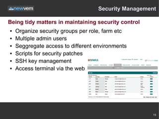 Security Management

Being tidy matters in maintaining security control
   Organize security groups per role, farm etc
   Multiple admin users
   Seggregate access to different environments
   Scripts for security patches
   SSH key management
   Access terminal via the web




                                                     15
 