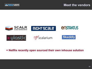 Meet the vendors




+ Netflix recently open sourced their own inhouse solution




                                                             16
 