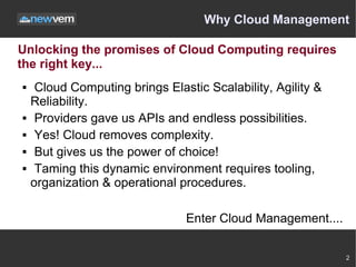 Why Cloud Management

Unlocking the promises of Cloud Computing requires
the right key...
    Cloud Computing brings Elastic Scalability, Agility &
    Reliability.
    Providers gave us APIs and endless possibilities.
    Yes! Cloud removes complexity.
    But gives us the power of choice!
    Taming this dynamic environment requires tooling,
    organization & operational procedures.

                                Enter Cloud Management....

                                                             2
 
