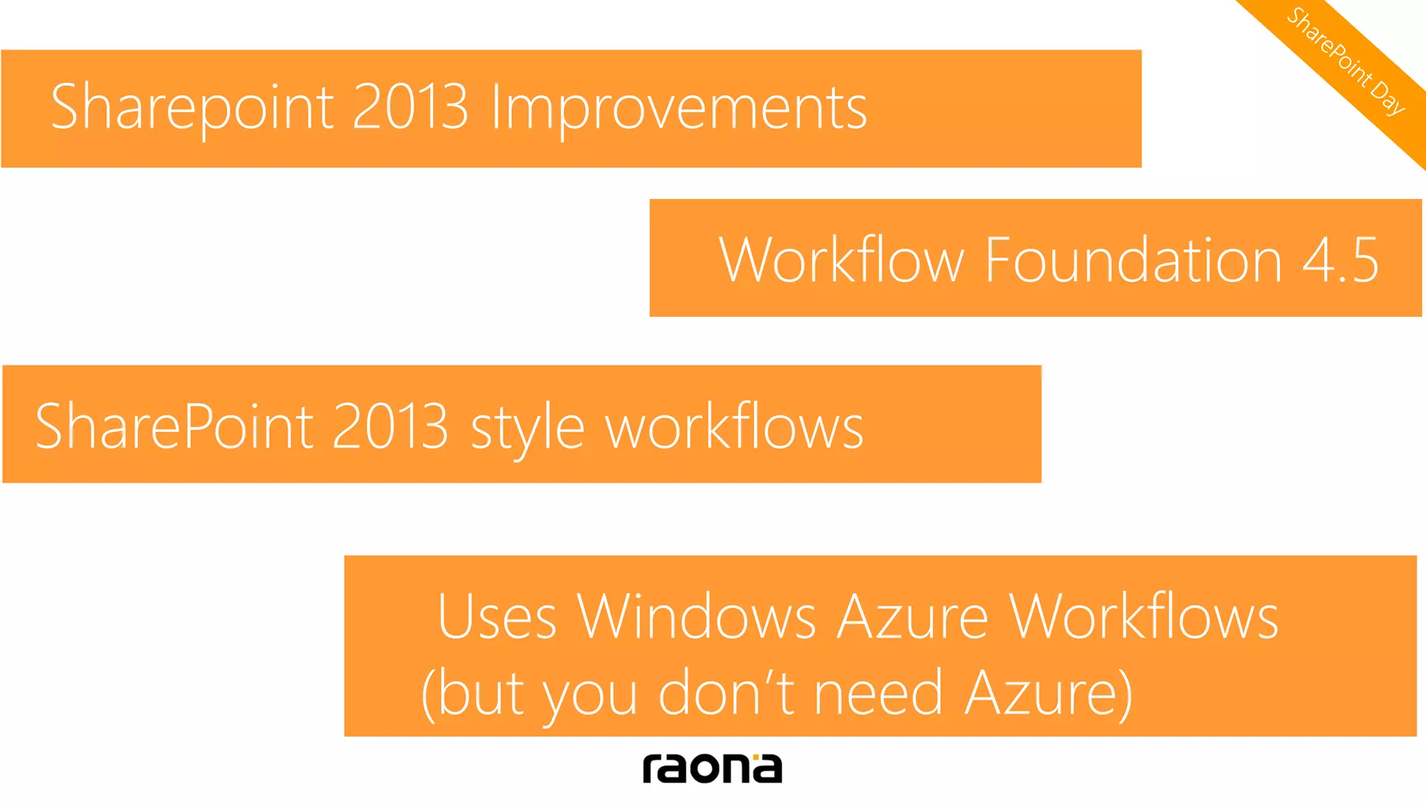Workflow Foundation 4.5
Sharepoint 2013 Improvements
SharePoint 2013 style workflows
Uses Windows Azure Workflows
(but you don’t need Azure)
 