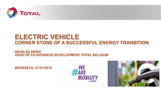 ELECTRIC VEHICLE
CORNER STONE OF A SUCCESSFUL ENERGY TRANSITION
NICOLAS PARIS
HEAD OF EV BUSINESS DEVELOPMENT TOTAL BELGIUM
BRUSSELS, 21/01/2018
 
