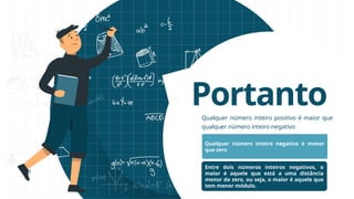 Portanto
Qualquer número inteiro positivo é maior que
qualquer número inteiro negativo
Qualquer número inteiro negativo é menor
que zero
Entre dois números inteiros negativos, o
maior é aquele que está a uma distância
menor do zero, ou seja, o maior é aquele que
tem menor módulo.
 