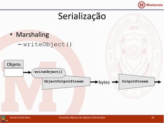Serialização	
  
•  Marshaling	
  
– writeObject()
Daniel	
  Arndt	
  Alves	
   Conceitos	
  Básicos	
  de	
  Objetos	
  Distribuídos	
   43	
  
Objeto	
  
writeObject()
ObjectOutputStream bytes	
   OutputStream
 