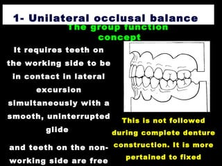 The group function
concept
.
It requires teeth on
the working side to be
in contact in lateral
excursion
simultaneously with a
smooth, uninterrupted
glide
and teeth on the non-
working side are free
1- Unilateral occlusal balance
This is not followed
during complete denture
construction. It is more
pertained to fixed
 