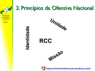 3. Princípios da Ofensiva Nacional

                    Un
                       ida
   Identidade              de


                RCC

                           ão
                      i ss
                    M
                 https://ministerioformacao.wordpress.com/
 