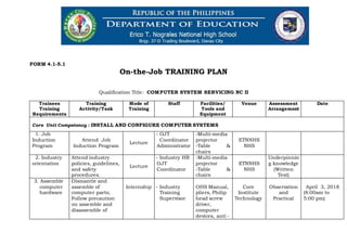 FORM 4.1-5.1
On-the-Job TRAINING PLAN
Qualification Title: COMPUTER SYSTEM SERVICING NC II
Trainees
Training
Requirements
Training
Activity/Task
Mode of
Training
Staff Facilities/
Tools and
Equipment
Venue Assessment
Arrangement
Date
Core Unit Competency : INSTALL AND CONFIGURE COMPUTER SYSTEMS
1. Job
Induction
Program
Attend Job
Induction Program
Lecture
- OJT
Coordinator
Administrator
-Multi-media
projector
-Table &
chairs
ETNNHS
NHS
2. Industry
orientation
Attend industry
policies, guidelines,
and safety
procedures.
Lecture
- Industry HR
OJT
Coordinator
-Multi-media
projector
-Table &
chairs
ETNNHS
NHS
Underpinnin
g knowledge
(Written
Test)
3. Assemble
computer
hardware
Dismantle and
assemble of
computer parts;
Follow precaution
on assemble and
disassemble of
Internship - Industry
Training
Supervisor
OHS Manual,
pliers, Philip
head screw
driver,
computer
devices, anti -
Core
Institute
Technology
Observation
and
Practical
April 3, 2018
(8:00am to
5:00 pm)
 